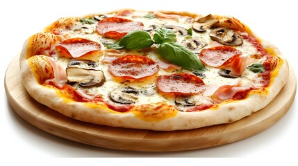 Delicious Gourmet Pizza Topped with Pepperoni, Mushrooms, and Fresh Basil on Wooden Board