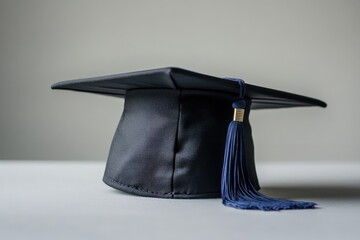 A single graduation mortarboard with a blue tassel resting calmly