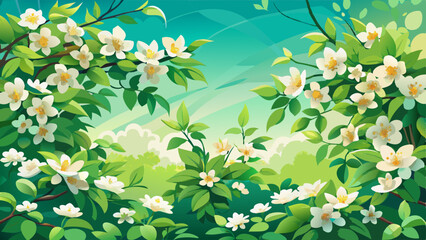 Beautiful spring border, blooming jasmine bush on a green background. Soft selective focus;
