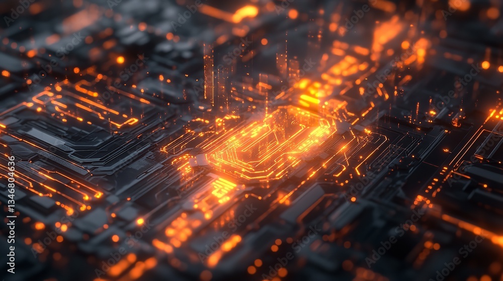 Poster abstract digital circuit board glowing orange technology background 3d data dark wire grid lines