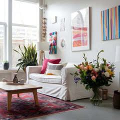 Bright and Inviting Living Room with Fresh Flowers and Colorful Decor