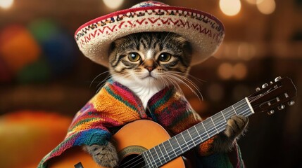 Cute cat playing guitar in colorful poncho and sombrero. Cinco de Mayo, Battle of Puebla Day, Mexican Heritage Festival - Latin American Cultural Celebration