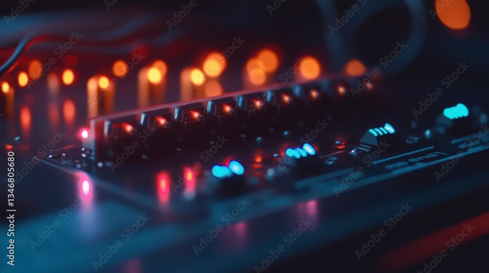 Fototapete close-up of illuminated electronic circuit board with glowing leds and buttons.