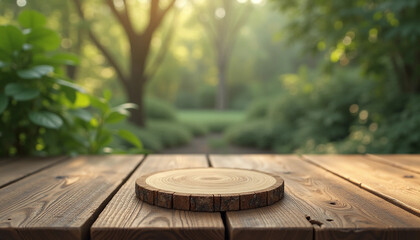 Wooden platform with green leaves background, e-commerce object placement scene