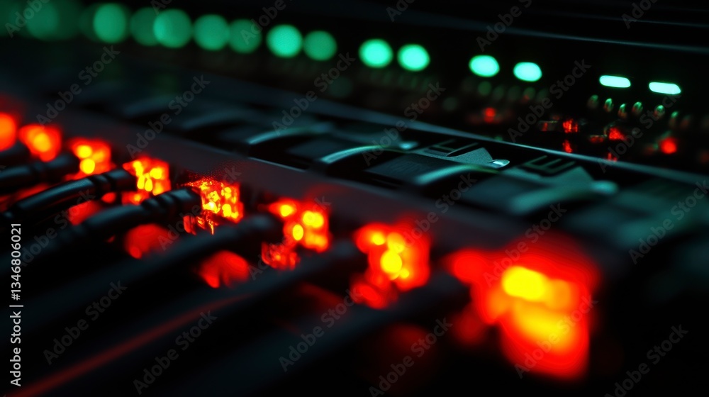 Poster Close-up of illuminated server rack with network cables and lights.