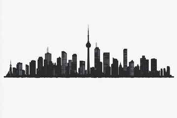 Naklejka premium A black-and-white city skyline with distinct skyscrapers and buildings, reflected symmetrically in a water-like surface, offering a bold and modern aesthetic.