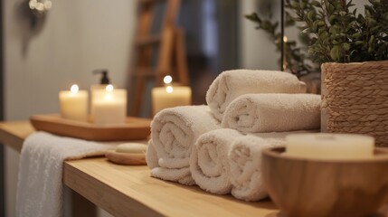 Relaxing Spa Setting with Soft Towels and Ambient Candles for Serenity