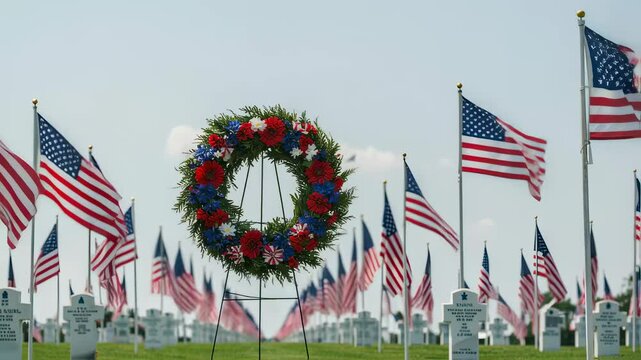 Memorial wreath and American flags honor fallen soldiers. Patriotic display for Veterans Day, Memorial Day, and Independence Day remembrance.