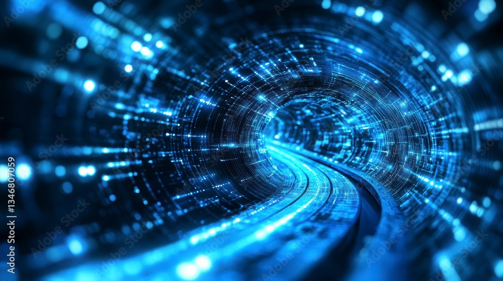 Poster Abstract blue digital tunnel with glowing lights and data streams.