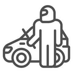 Thief man with mask at car line icon, insurance event concept. Vector graphics. Human theft automobile sign on white background, outline style icon for mobile or web design.