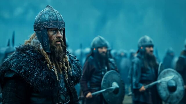 Viking Warriors Gearing Up and Preparing for Intense Battle in a Stunning Snowy Landscape of the North