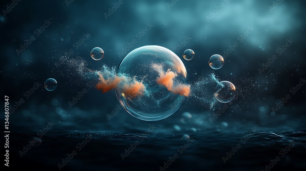 Poster abstract sphere with ethereal clouds, surrounded by bubbles in a dark, cosmic setting
