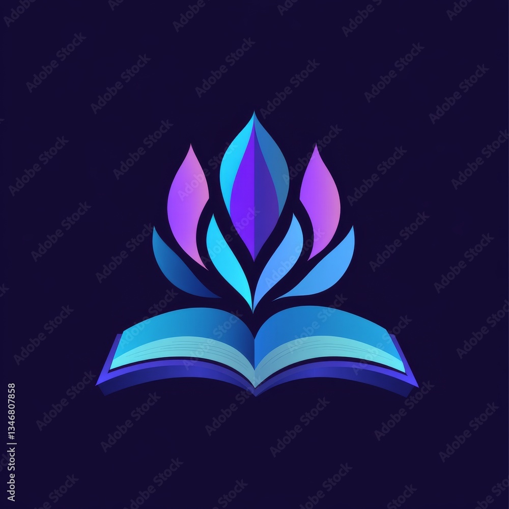 Poster open book with abstract petals: knowledge, learning, and creativity illuminated in deep violet and b