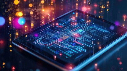 Futuristic digital tablet interface with colorful neon lights and data visualization. Back to School, School Season, First Day of School - Education Supplies, Academic Year Beginning