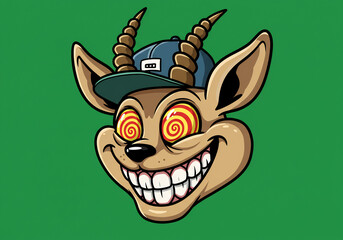 Smiling Antelope Cartoon Character with Hypnotic Eyes and Baseball Cap
