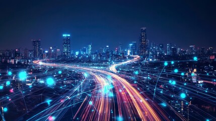 Fototapeta premium Night cityscape with illuminated roads and digital network connections.