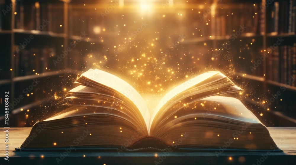 Poster magical open book in enchanted library with glowing light and dust particles