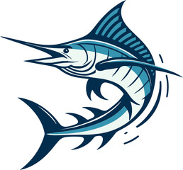Swordfish and Marlin Fish Logos in Blue Tones,Vector illustration of marlin and swordfish in dynamic poses, ideal for fishing logos, marine themes, and sport fishing designs.