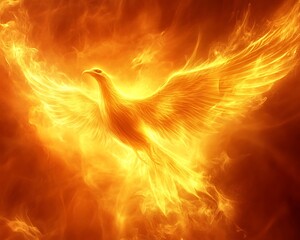 Fototapeta premium Fiery phoenix rising, enveloped in flames, rebirth concept