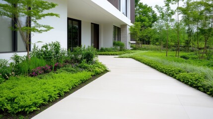 Fototapeta premium Modern, minimalist landscaping at the entrance of a contemporary apartment building. Lush greenery, meticulously maintained gardens, and a paved walkway lead to the building's front door