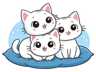 Three cute, Japanese Kawaii cats on a blue cushion.