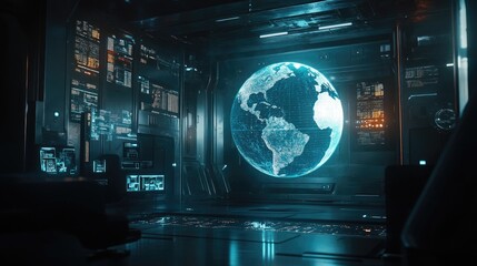 Futuristic control room with digital globe display in sci-fi setting