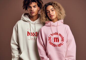 Hoodie Mockup with Man and Woman Model in Studio