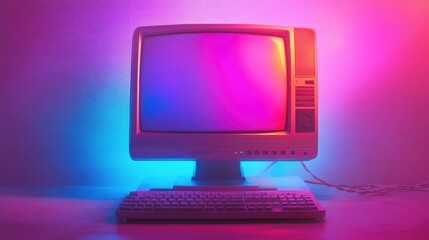 Vintage computer with colorful lighting set against a softly lit background, creating a nostalgic atmosphere