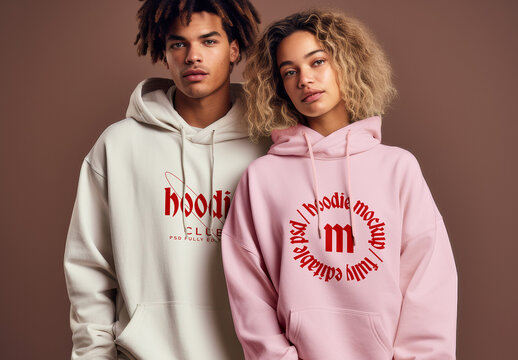 Hoodie Mockup with Man and Woman Model in Studio