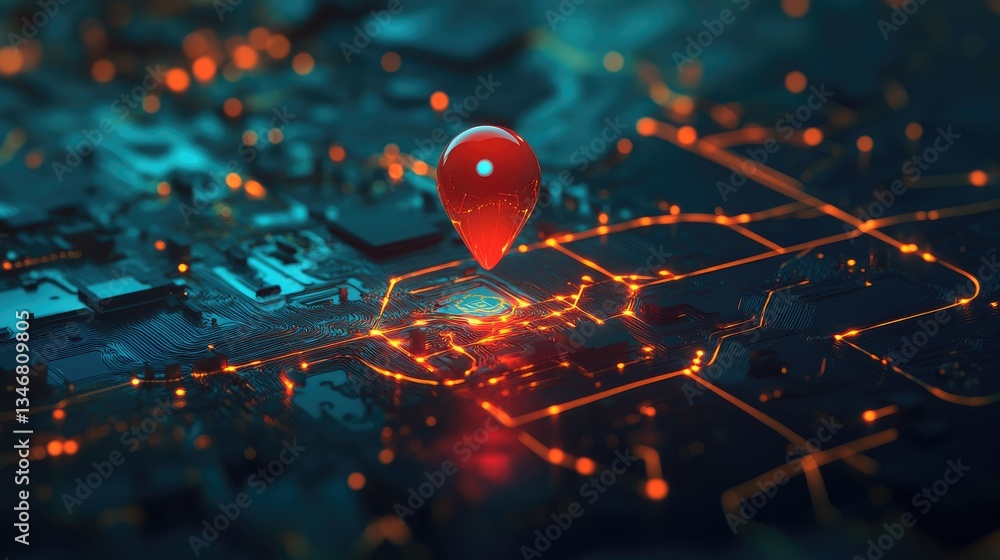Poster red location pin on circuit board abstract tech background