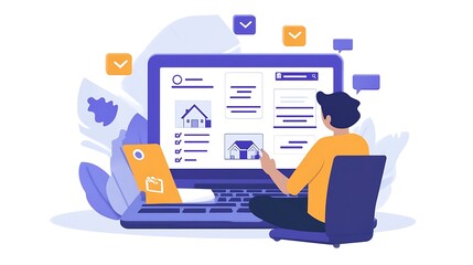 Online Real Estate Management Illustration, Illustration of a person using a laptop for online real estate management
