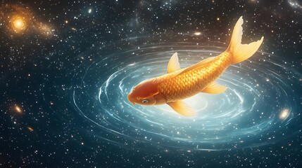 A celestial koi fish swimming through a surreal cosmic river, galaxies reflecting on the water is surface
