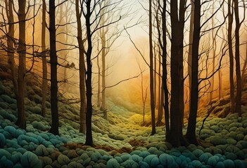 Misty Forest at Dawn:  Digital Painting of Trees and Ground Cover