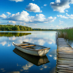 Fototapeta premium Beautiful lake landscape with row boat and old wooden lake bridge with beautiful sky and cloud background, place for rest and relax, calm water with fresh environment.