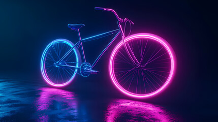 Fototapeta premium Neon Bicycle: A bicycle outlined in vibrant neon lights is reflected on a dark surface, exuding a modern and futuristic aesthetic.