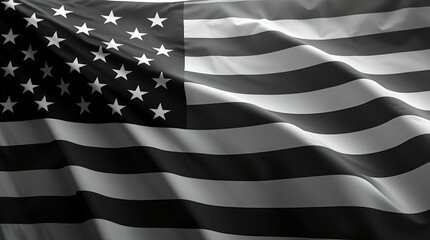 "A black and white American flag waving on a black background, with the USA flag designed in monochrome, isolated against a solid black backdrop."   © Abdullah