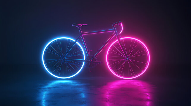 Neon Bike in the Dark: A sleek, modern bicycle is illuminated in vibrant neon, creating a striking visual against a dark backdrop and evoking a sense of technological advancement and creative design.
