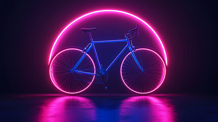 Fototapeta premium Neon Bicycle: A futuristic bicycle stands bathed in the cool glow of neon lights, reflecting on a polished surface, the radiant colors of modern technology and design.