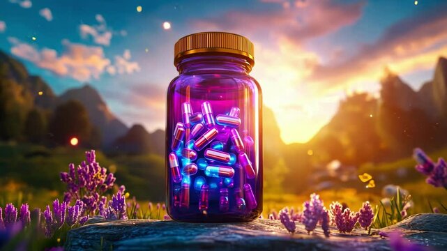 Magical potion bottle in enchanted landscape at sunset