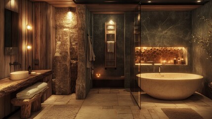 Elegant Modern Bathroom Design with Natural Stone Features and Warm Lighting