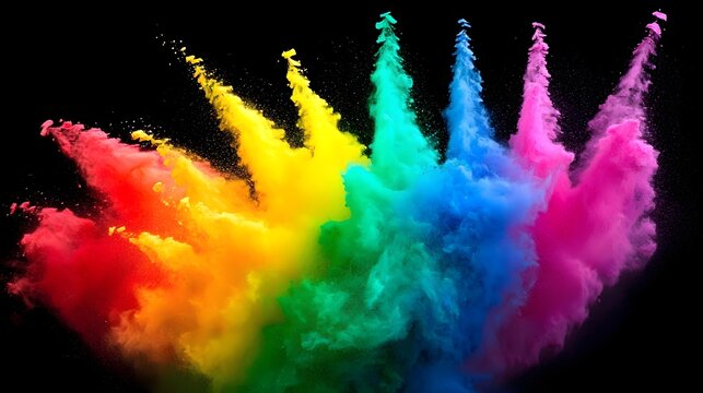 Colorful Powder Explosion Creating Rainbow Clouds Against Black Background