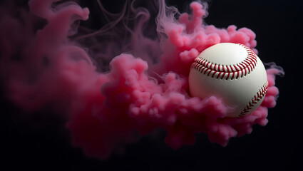 "A white baseball surrounded by red vape smoke, with flying baseballs creating water splashes, all set against a black background."


