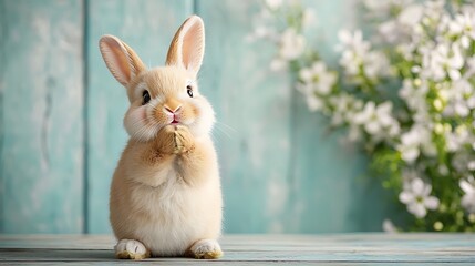 Adorable baby bunny with paws up, springtime scene