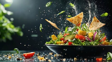Dynamic gourmet salad composition with chips basil and falling seasoning against a dark background in studio
