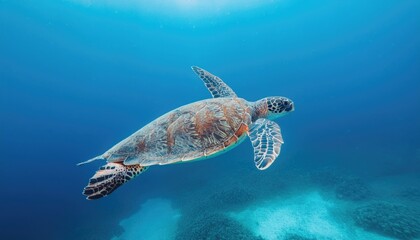 Obraz premium Sea Turtle swimming in clear blue water 