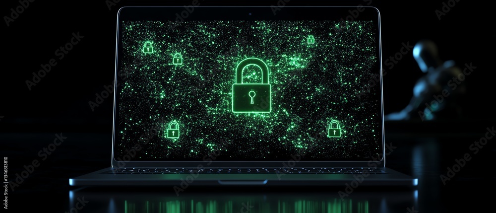 Aufkleber cybersecurity concept with digital padlock icons on a laptop screen, hacker lurking in the backgroun