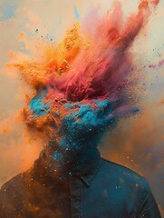 Colorful powder explosion shrouds person in art.