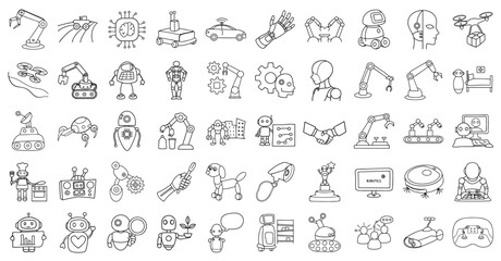 Fototapeta premium Various robotics and technology icons including robots, drones, and mechanical arms