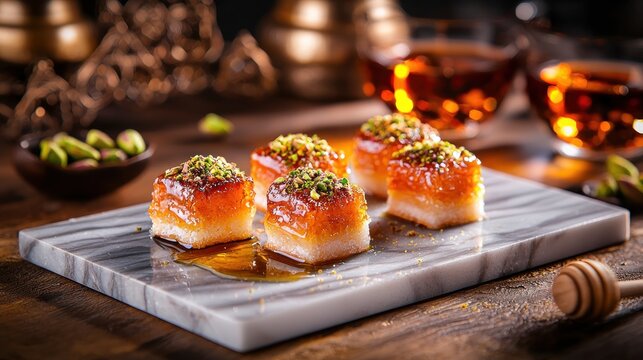 Delicious arabic dessert with pistachio topping on marble board golden tea and honey enhancer sweet food