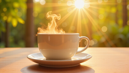 Obraz premium Steaming tea cup glowing in golden light, warmth and comfort